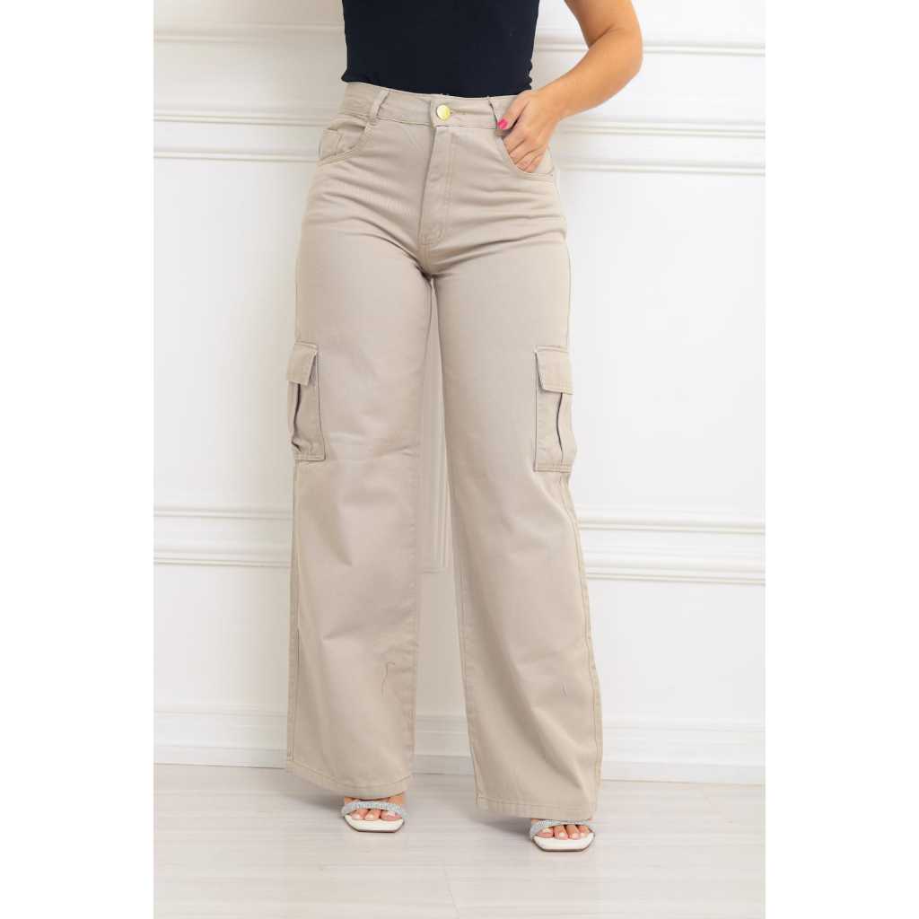 Calça Cargo Jeans bege Feminina Wide Leg Moda Casual Blogueirinha ...