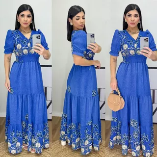 Vestido Longo Feminino Estampado Floral Com Elastex na Cintura / 3 marias