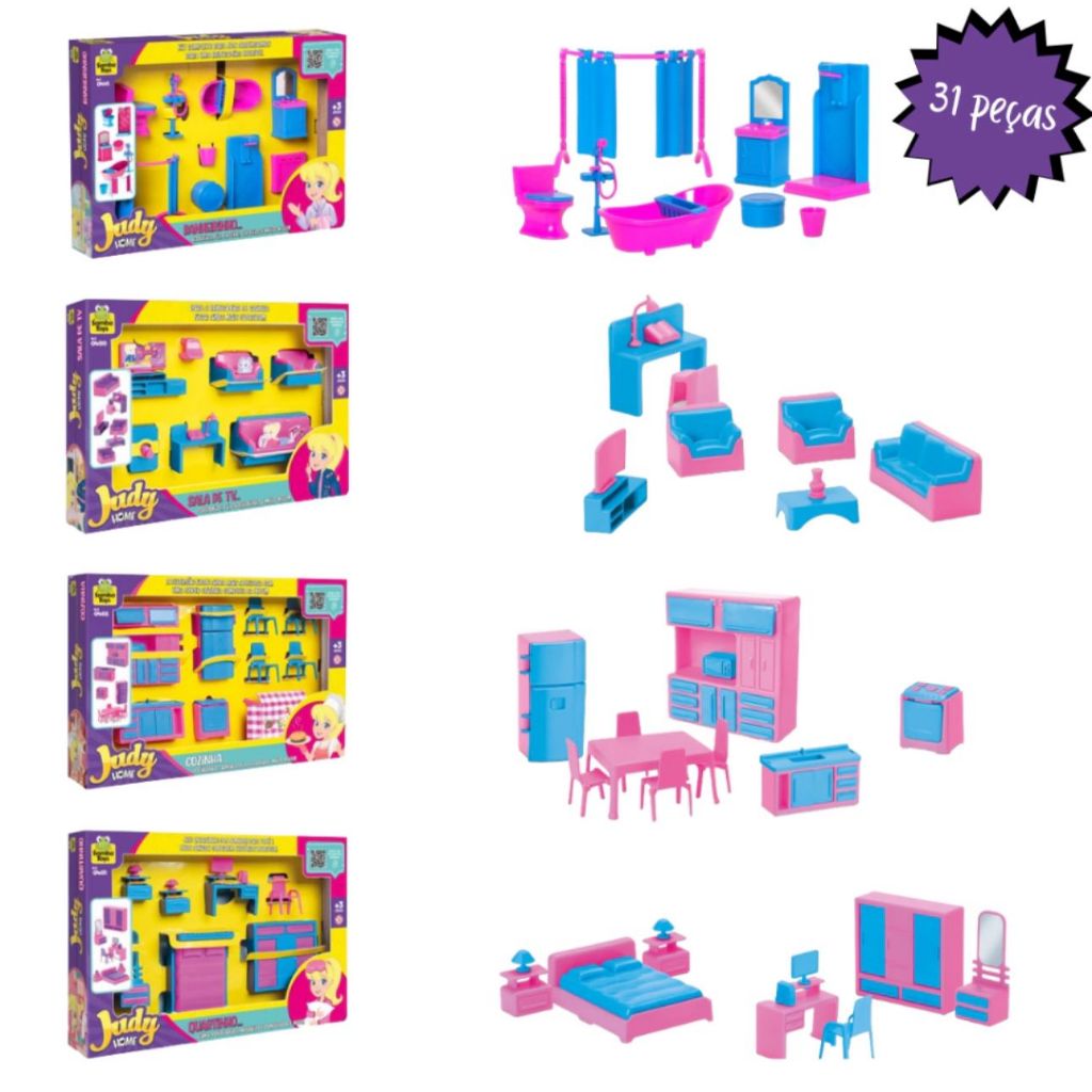 Kit Casinha Infantil Judy Polly Home Brinquedo Com Sala - Cozinha - Quarto - Banheiro