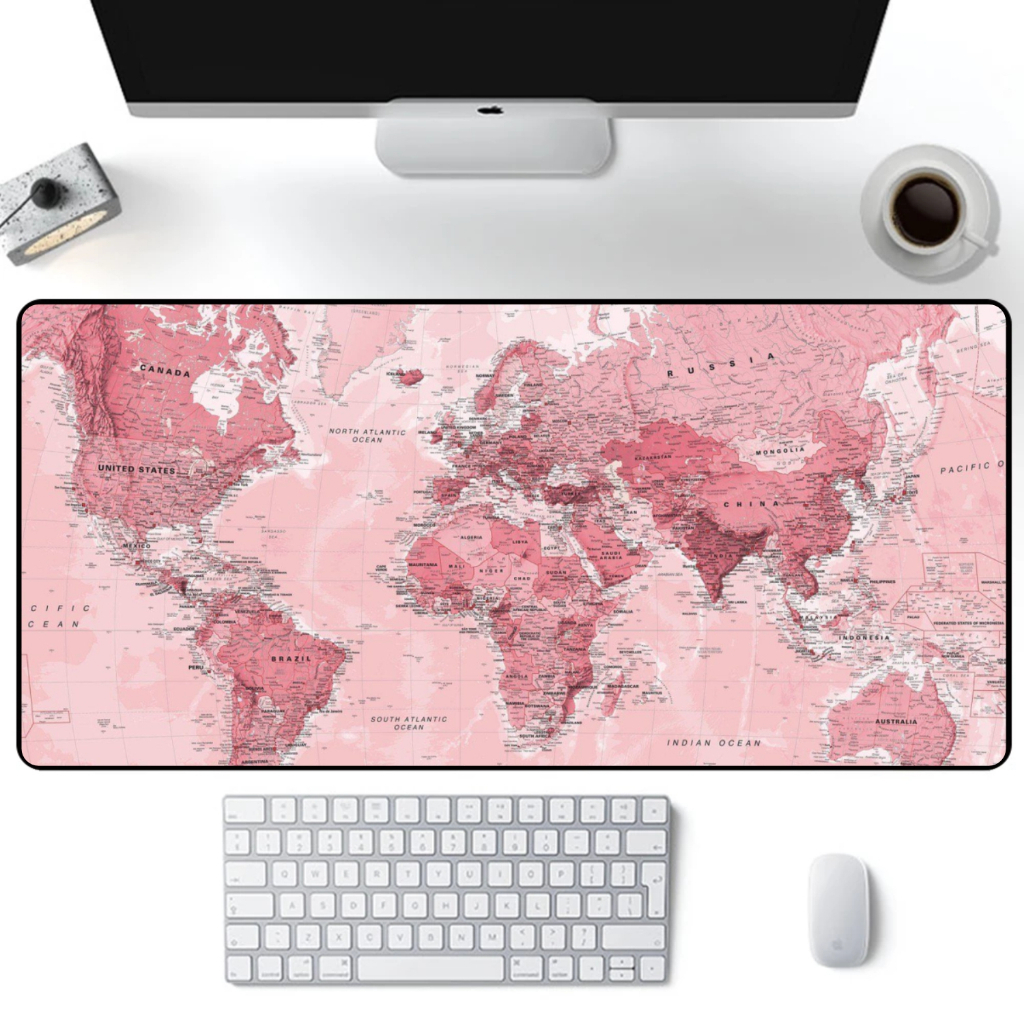 Mouse Pad Gamer Extra Grande 90x40 Mapa Mundi Rosa- BORDA COSTURADA