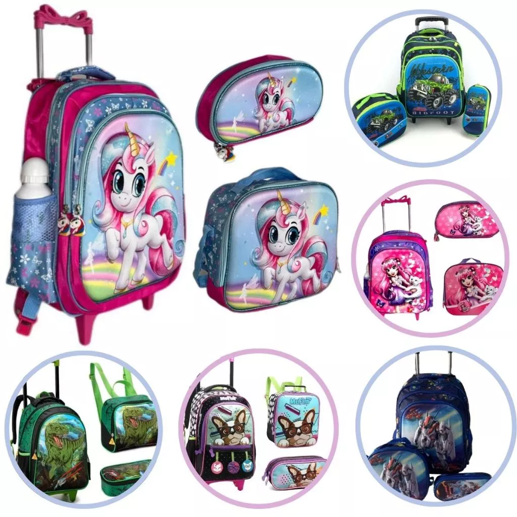 Kit Mochila Escolar Infantil de Rodinhas Menino Menina Bolsa Resistente Volta As Aulas