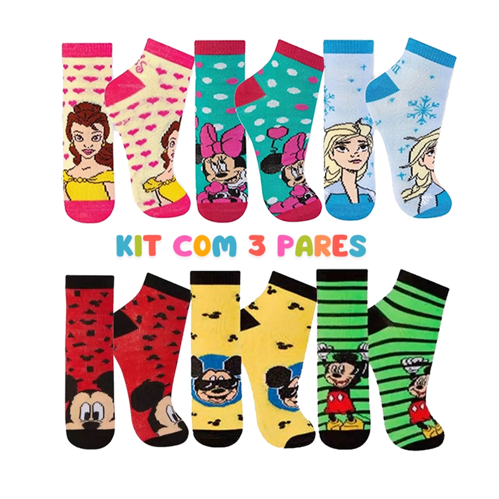 Kit 3 Meias Infantil de Personagens Coloridas Cano Médio Divertidas ...
