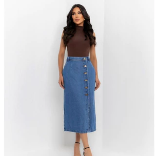 SAIA MIDI JEANS FEMININA FTRETE COM BOTÃOS