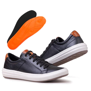 Sapatênis Masculino Couro Legítimo Confortável Solado Costurado Tênis Casual + Palmilha Gel