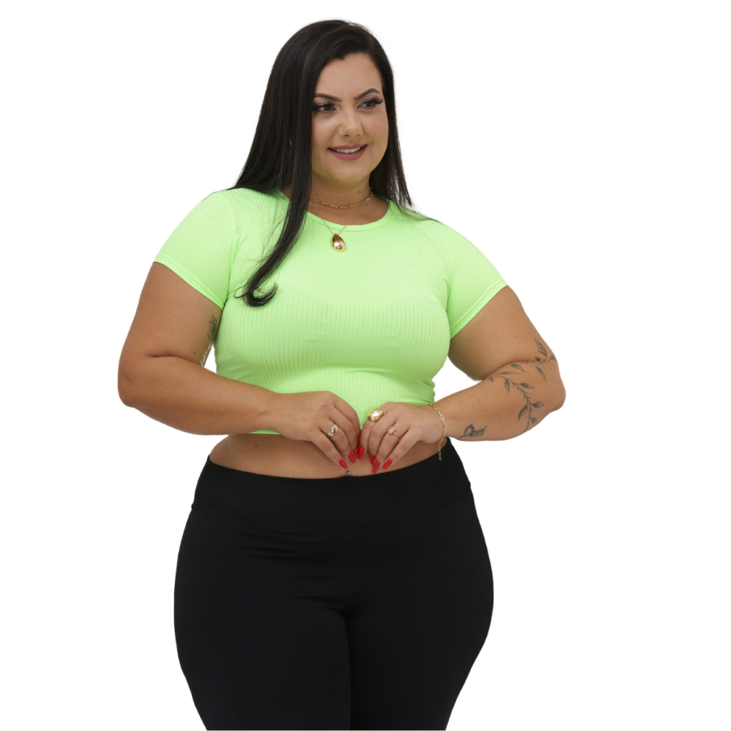 Cropped Blusinha Canelado Com Manga Gola Careca Plus Size Olivia
