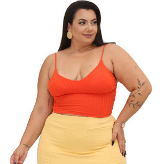 Cropped Plus Size Canelado com Bojo e Alça Fina Brunna