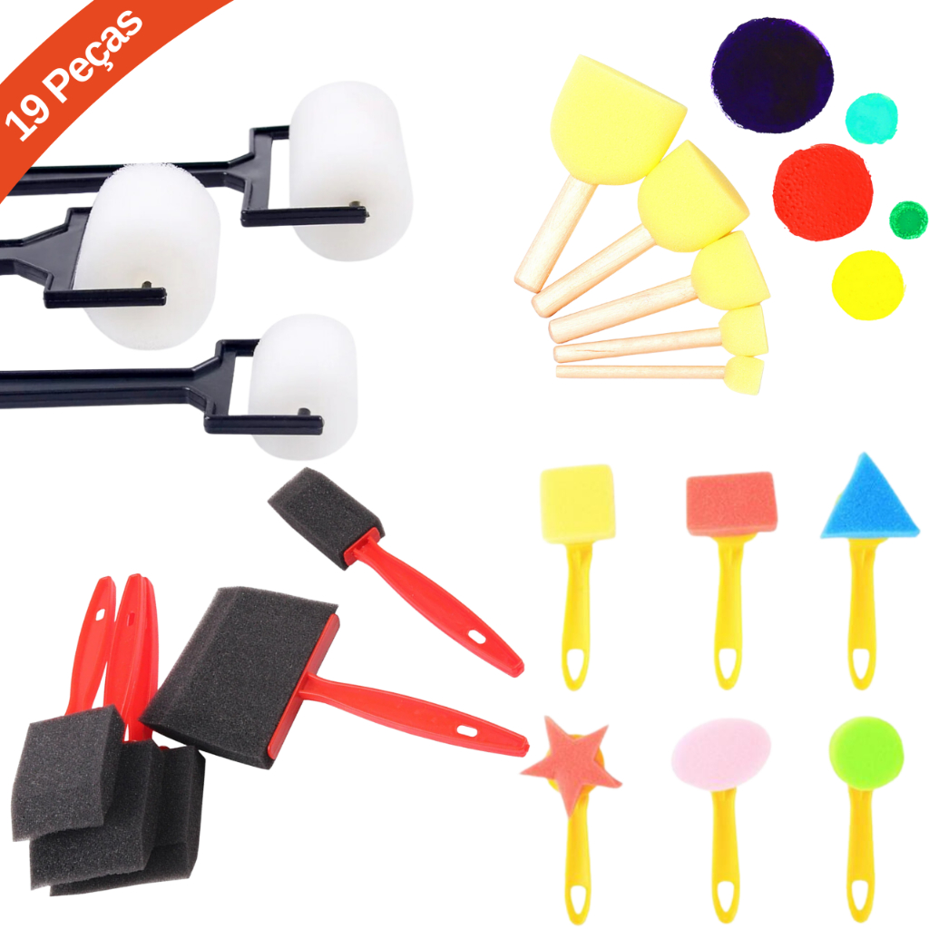 Kit Pintura Artesanato Pincel Batedor Chanfrado Rolinho Figuras Geométricas Espuma 19 Peças