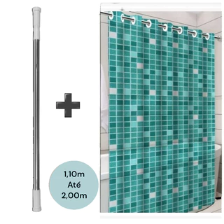 Kit Varão e Cortina para Box de Banheiro Bastão Extensível Alumínio 1,10m até 2,00m