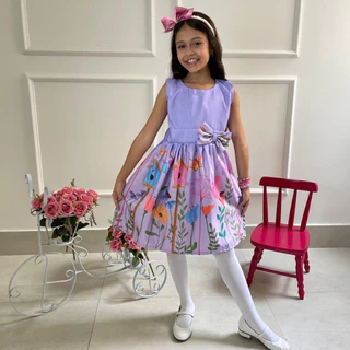 Vestido Infantil Jardim encantado Feminino com Laço Cintura Rodado Estampado Casual Festa