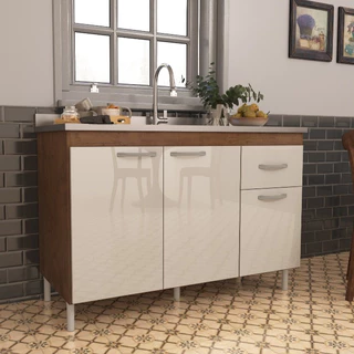 Balcão de Cozinha Pia de 120cm Sem Tampo Suiça POP SHARK MOVEIS 3 Portas 1 Gaveta Noce/Off-White