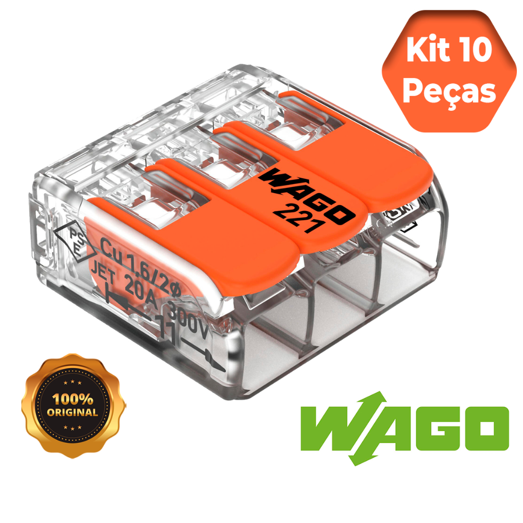 Kit 10 peças conector Wago original 221-413 emenda 3 polos 4mm 32A conexão automática