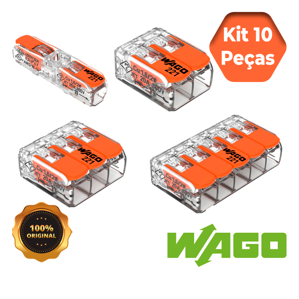 Kit 10 Peças Conectores Elétricos 221 Emenda Wago 1, 2, 3, e 5 vias 32/41A Original 4mm² e 6mm²