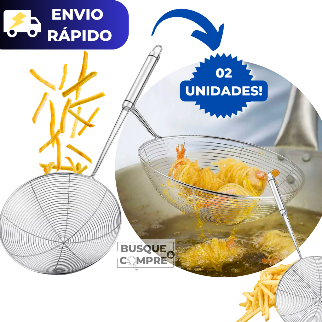 Kit 2 Escumadeira Fritadeira de Inox Redonda para Frituras Peneira Pastel Batata Utensilio Cozinha