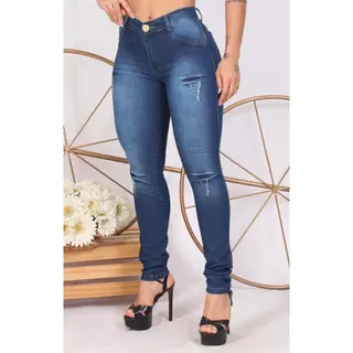 Calça Jeans Feminina da Moda Skinny Cós Alto Levanta Bumbum Hot Pants Cintura Alta Com Lycra Strech