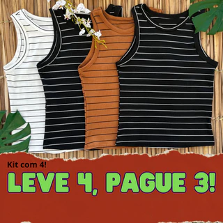 Kit 4 Regatas Listrada Canelado Ribana Feminina Prémio Blusa Básica Camiseta Moderna Casual