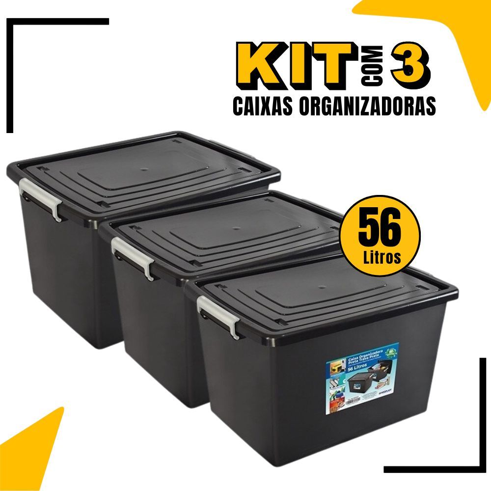 Kit 3 CaixasOrganizadora 56 Litros C/ Tampa e Trava Cesta Multiuso Tamanho Grande para guardar Brinq