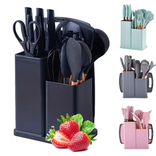 Kit Completo Jogo de Cozinha Luxo 19 Peças Com Tábua em Silicone Espátula Faca Tesoura Utensílios