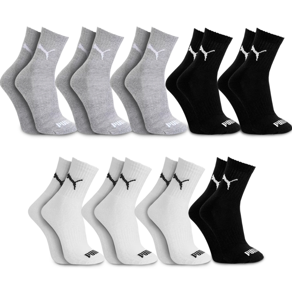 Kit com 6 e 9 Pares Meias Puma Cano Médio Alto Algodão Meia Adulto Masculino Feminino Academia Original
