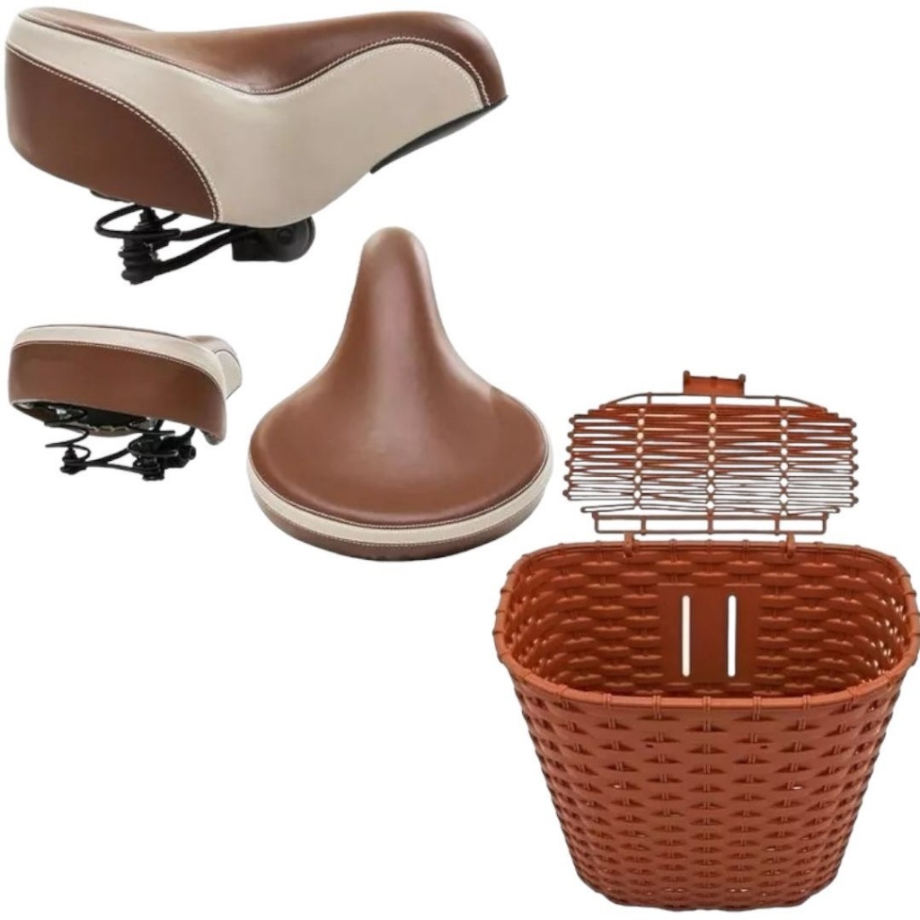 kit vintage retro Cesta Com Tampa + selim Banco 2 Molas Marrom para bicicleta Bike