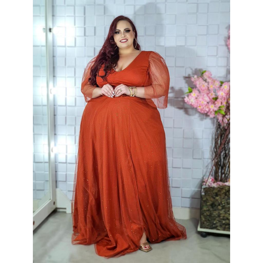 Vestido de Festa Plus Size Tule Gliterado Mangas Flair do 50 ao 60