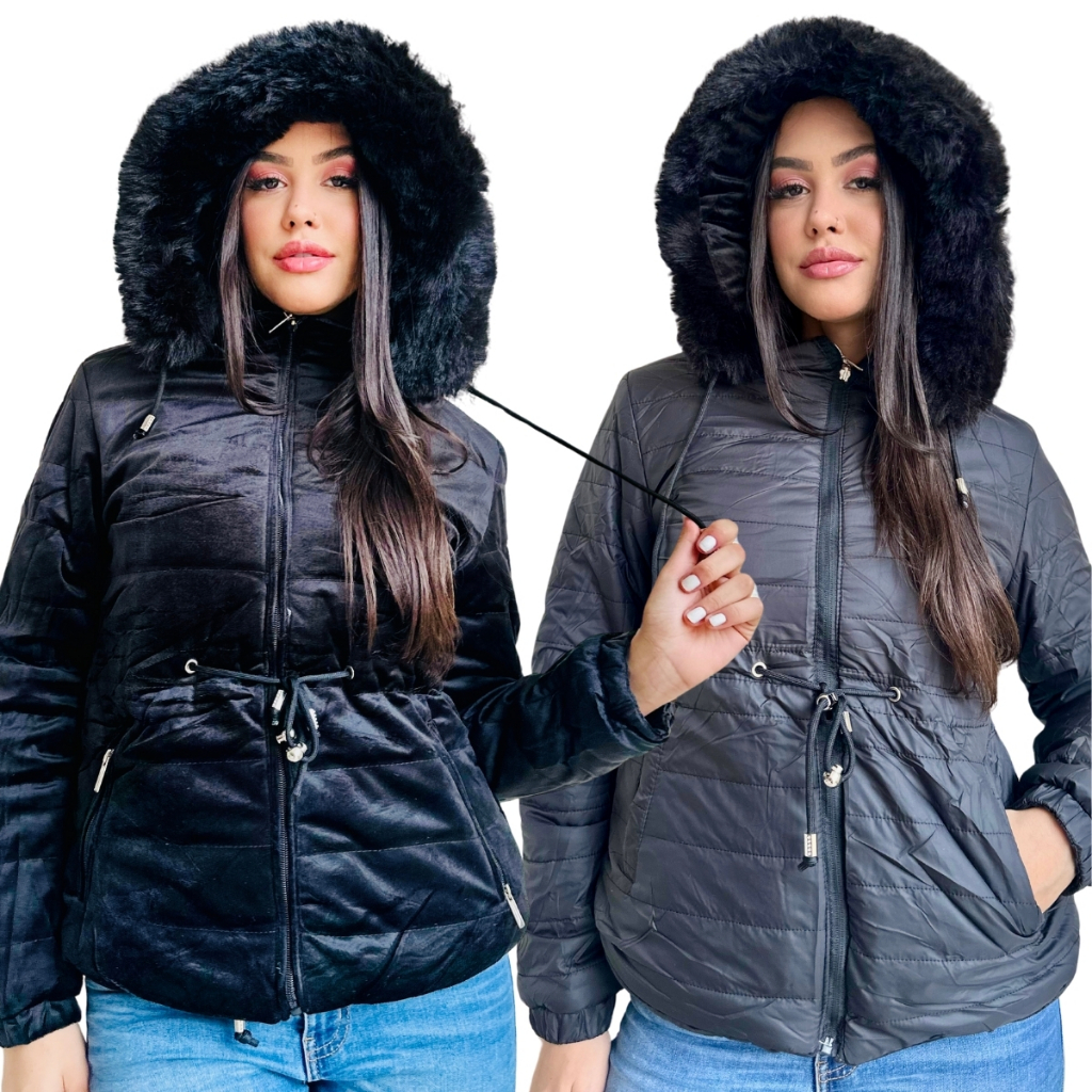 Jaqueta feminina parka dupla face forrada nylon Blusa de frio feminina ...