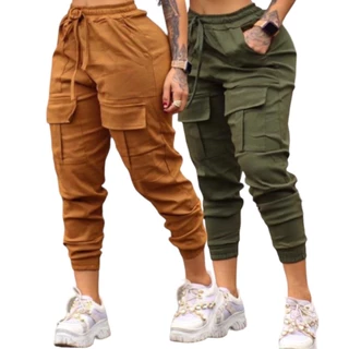 Kit 2 Calças Cargo Jogger Bolsos Cordão Feminino Bengaline