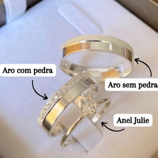 Par de alianças prata 950 minimalista 4mm com anel prata 925 solitário noivado compromisso