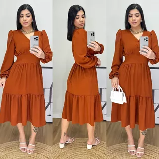 Vestido Midi Liso Feminino com elastex nas costas e com manga longa