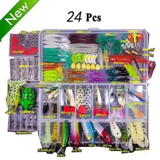 Novo Conjunto 24 pcs Pilhas Minnow Iscas De Pesca Colher Ganchos Isca De Peixe Kit Na Caixa De Artificial Equipamento