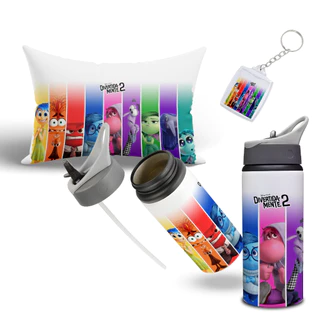 Kit Divertidamente 2, Garrafa Térmica com Canudo Almofada e Chaveiro