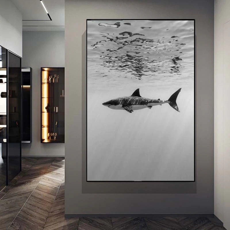Quadro decorativo 1 peça 90x70 3mm Tubarão preto e branco decoração para casa sala quarto