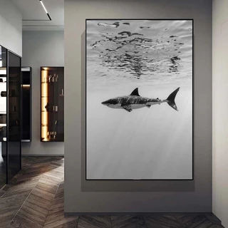 Quadro decorativo 1 peça 90x70 3mm Tubarão preto e branco decoração para casa sala quarto