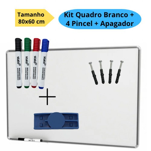 Lousa Branca Quadro Branco 80x60cm + 4 Pincel Marcadores + 1 Apagador Didática Média