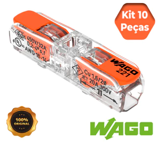 Kit 10 peças conector Wago original 221-2411 emenda 2 polos 4mm² 32A conexão automática