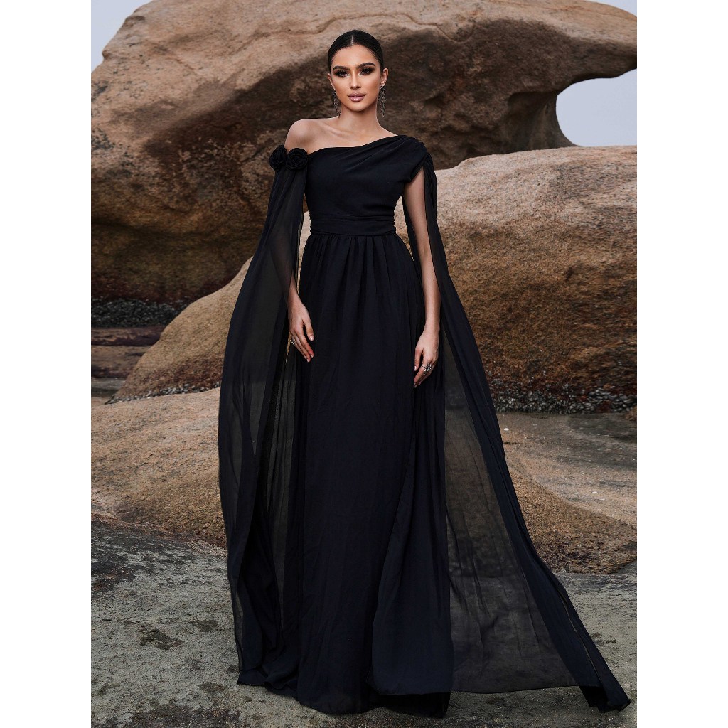 Vestido de chiffon y encaje con mangas cap y escote en V Morado Tallas Grandes