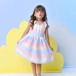 Vestido de Menina Infantil Blogueirinha Listrado Colorido Laço Ombro Delicado Moda Kids