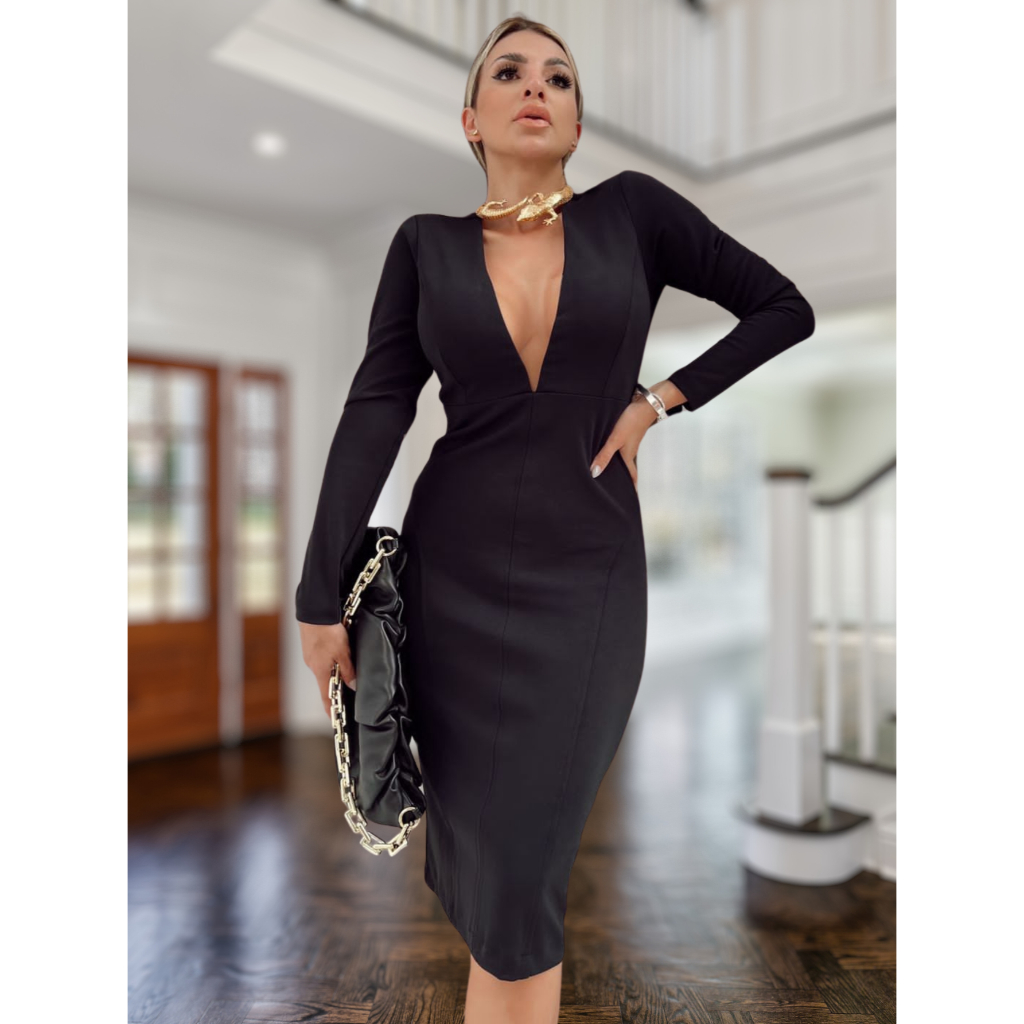 Festa Longo Manga Vestido Social Manga Longa Vestido Feminino Mid Manga  Longa Justo Elegante Decote V Tule