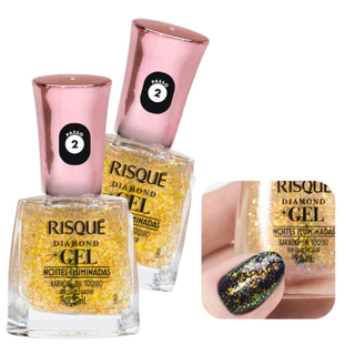 Kit 2 Esmaltes Risque Karaokê em Tóquio Diamond Gel Hipoalergênico Glitter Dourado Brilhante Coleção Noites Iluminadas Top Coat Fixador
