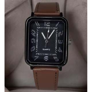 Relógio Masculino Social Elegante Quadrado Pulseira de Couro Marrom Mostrador Preto