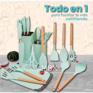 Kit Completo Jogo Utensílios de Cozinha Luxo 19 Peças Com Tábua em Silicone Espátula Faca Tesoura