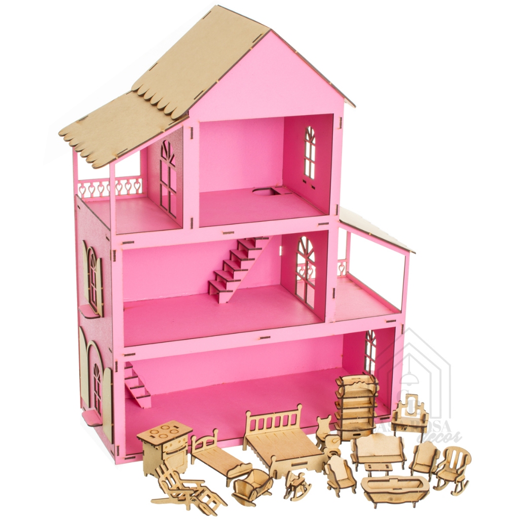 Casinha de Boneca Rosa 3 Andares Para Bonequinhas Casa Da Barbie