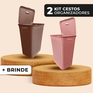 Kit Cesto De Roupa Suja Com Tampa Organizador 72 Litros Closet Roupeiro Rattan Multiuso 2 Unidades