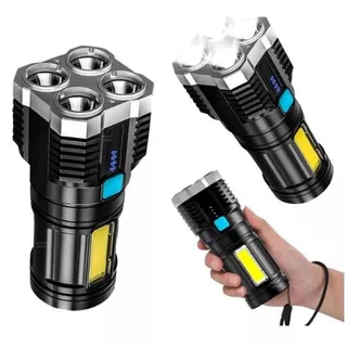 Lanterna LED 4 Núcleos USB Recarregável Tatica Longo Alcance Bivolt Com Alça