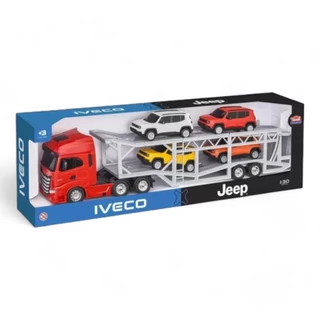 Caminhão Brinquedo miniatura Iveco S-way Cegonha Jeep Renegade escala 1:30 Com 4 Jeep Renegade - Usual Briquedos