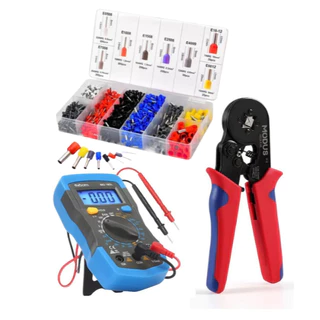 Kit 3x1 Eletricista - Alicate Crimpador + Multímetro Digital Ac Dc + Terminais de ilhos