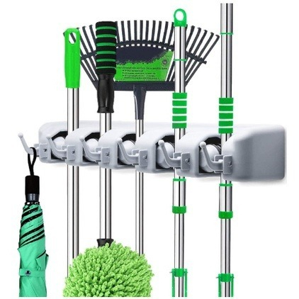 Suporte Organizador Multiuso 5 Lugares 6 Ganchos Porta Vassoura Rodo Chaves Posições Envio Imediato