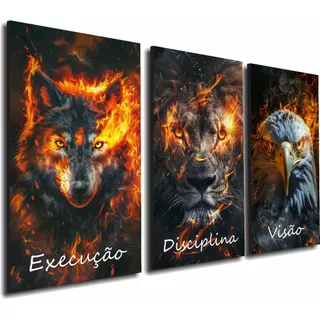 Kit 3 Quadros Decorativos Motivacionais Disciplina Leão Execução Lobo Visão Águia Sala Empresa Escritório Tamanho Gg Exclusivo Lançamento