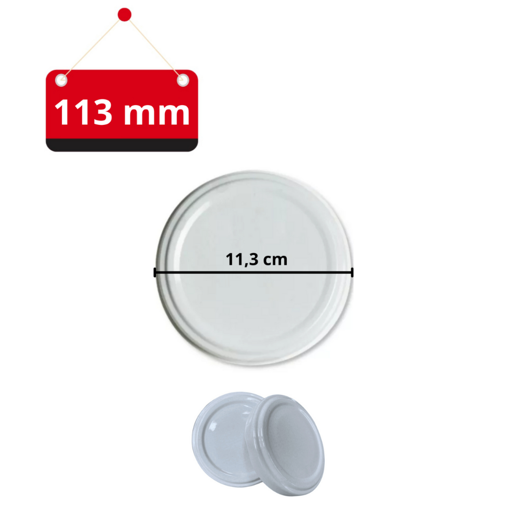 Kit 10 Tampas de metal para vidro grande de conserva - Diâmetro 113 mm - Cor Branca