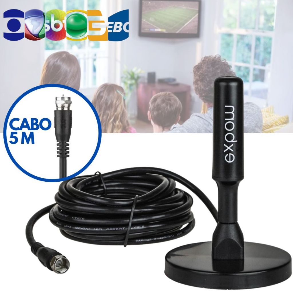 Antena Digital Amplificada Interna e Externa 5 Metros Base Imã Prova d'água 4DBI HDTV/UHF/VHF - Exbom Original