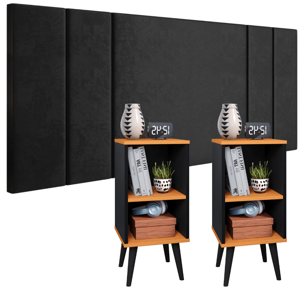 Conjunto Para Quarto Casal com Cabeceira Casal Luana 140cm + 2 Mesas de Cabeceira Charme Retrô